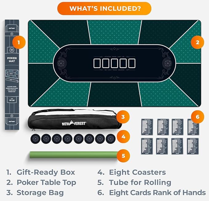 Newverest Poker Table Top 70" x 35", Texas Hold'em Poker Mat for Home Game Nights Up to 10 Players, Blackjack, Casino | Poker Topper for Tables in Zipper Storage Bag with 8 Coasters in Gift-Ready Box