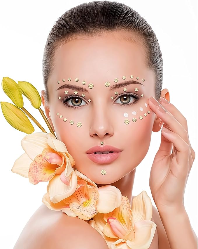 Self Adhesive Face Gems and Pearls for Makeup, Festival Jewels, Hair Gems Pearls, 3/4/5/6/8 mm Round Rhinestone Stickers for Face, Eye, Makeup, Body, Crafts 591Pcs (03_Beige Pearl)