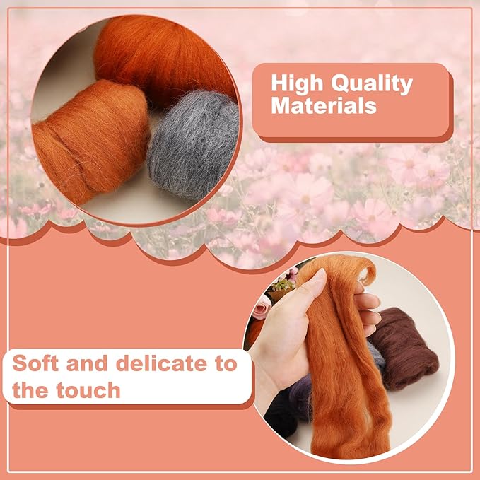 Wonvoc Needle Felting Wool 2.82 OZ (80 g), 8 Colors Wool Roving, Felting Wool Bulk, Wool Roving for Needle Felting, for DIY Craft Materials, White, Black, Brown