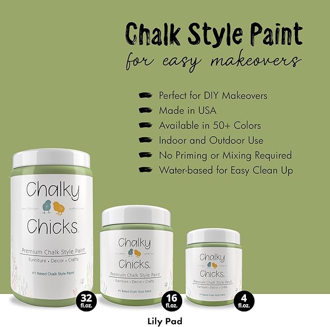 Chalky Chicks All-in-One Chalk Paint for Furniture or Cabinet - 16 Fl Oz - Matte Finish Lily Pad (Green) for Metal, Wood Furniture Paint - No Sanding All-in-One for Home Decor & Crafts, USA Made