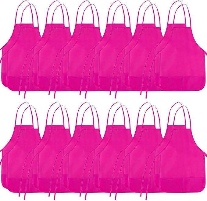 24 Pieces Rose Red Kids Painting Aprons With 2 Roomy Pockets for Art, Painting Activity, Kitchen Crafts