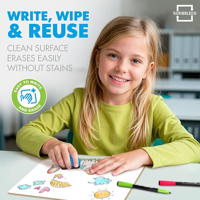 Scribbledo 6 Pack Small White Board Dry Erase Boards Classroom Pack Mini White Boards 9" x12” Personal Whiteboards for Students Teachers School Supplies Lapboards l 6 Mini Whiteboard Erasers Included