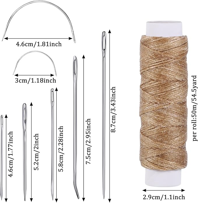 55Yards Waxed Thread with 7 Pcs Leather Needles for Hand Sewing 150D Flat Sewing Waxed Thread Leather Repair Needles for Sewing Upholstery Leather Canvas Bags Sofa Furniture(Khaki)
