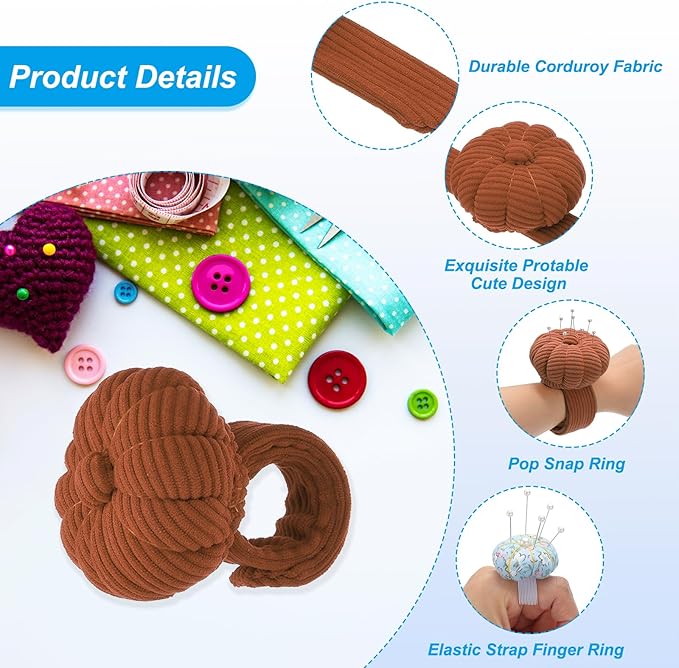 PATIKIL Wrist Pumpkin Pin Cushion, Snap Pin Cushion with Elastic Strap Ring Portable Embroidery Needle Pin Storage for Hand Craft Knitting, Brown