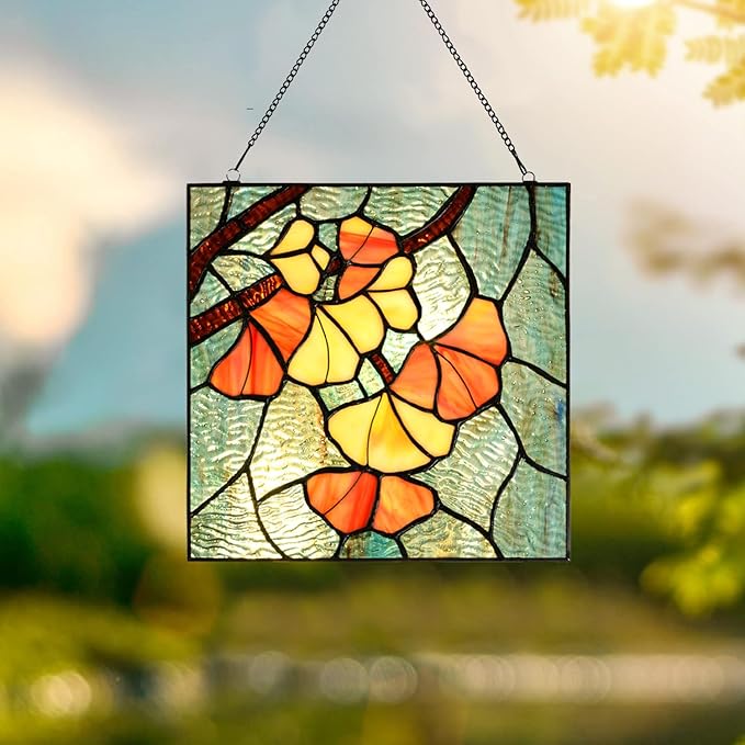 PA0005 Stained Glass Ginkgo Leaf Hanging Panel-10 Wx10 H Window Suncatcher Window Décor Tiffany Style Wall Décor Hanging Art