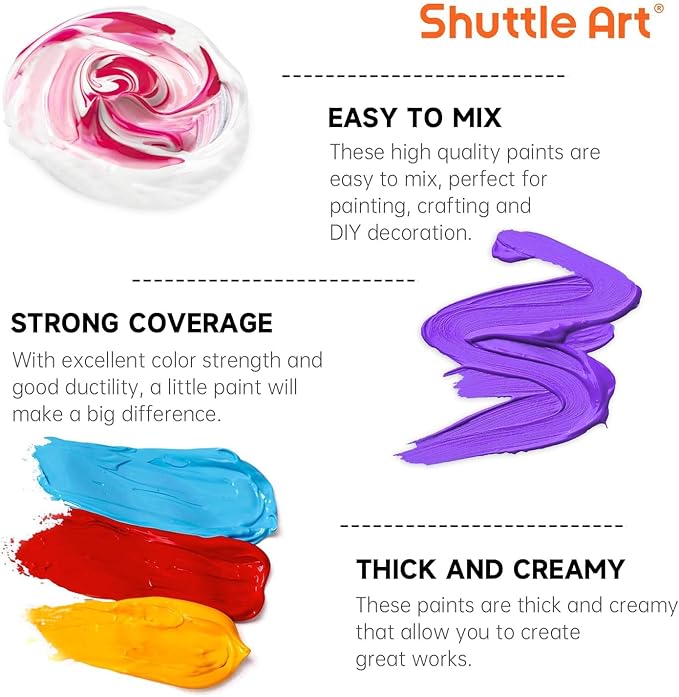 Shuttle Art 18 Colors Acrylic Paint Bottle Set (250ml/8.45oz), Rich Pigmented Bulk Painting Supplies for Artists, Beginners and Kids on Rocks Crafts Canvas Wood Ceramic
