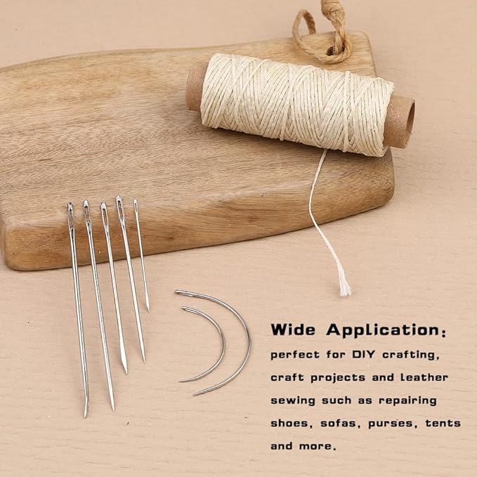 Ftyiwu Waxed Thread, Upholstery Needle and Thread 55 Yards 150D Flat Leather Sewing with 7PCS Hand Sewing Needles for Home Upholstery Carpet Canvas Repair Leather Sewing (Beige)