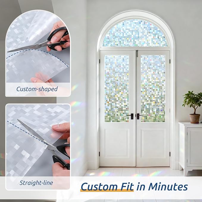 rabbitgoo Stained Glass Window Privacy Film Mosaic Pattern, Frosted Glass Window Film Rainbow Decorative Sticker, Static Cling UV Blocking Suncatcher for Home, 35.4 x 78.7 Inches