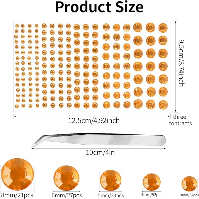 Self Adhesive Face Gems and Pearls for Makeup, Festival Jewels, Hair Gems Pearls, 3/4/5/6/8 mm Round Rhinestone Stickers for Face, Eye, Makeup, Body, Crafts 591Pcs (06_Orange)