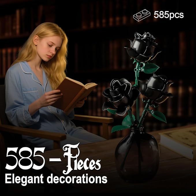 Black Roses Flower Building Set-12Pack, Compatible with Lego Bouquet for Adults,Gothic Horror Flowers Botanical, Gift for Halloween & Valentines Compatible with Lego Roses(585pcs)