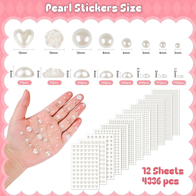 4366 PCS Self Adhesive Pearl Stickers，Pearl Stickers for Crafts Kids，Assorted Sizes & Shape Stick on Pearls for Hair, Face, Makeup, Eye 3mm/4mm/5mm/6mm/8mm/10mm/Rose/Heart Shape