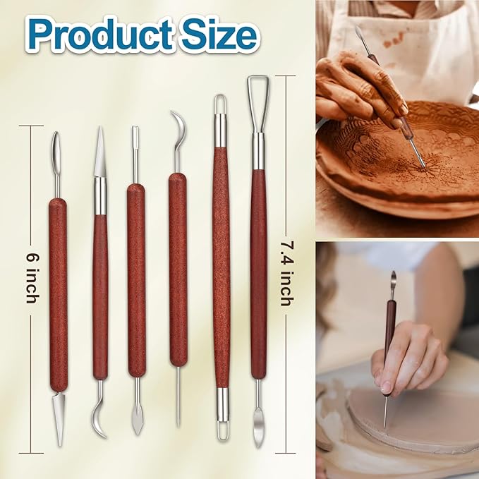 Amrules Clay Tools Kit, 6 PCS Red Wooden Clay Sculpting Tools, Double Head Practical Polymer Tool Set Suitable for Adults, Pottery Craft, Carving, Modeling and Shaping