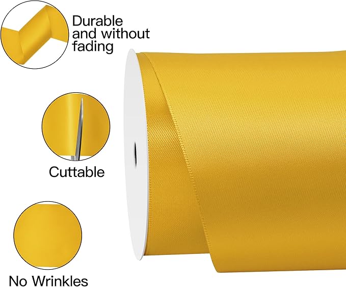 Yellow Gold Satin Ribbon 4 Inch X 15 Yards Solid Color Double Faced Ribbons Perfect for Crafts Wedding Decor Bow Making Arts Sewing and More