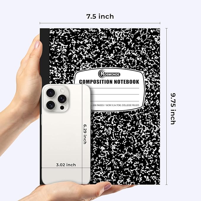 Rosmonde 50 Pack Bulk Composition Notebooks College Ruled, 200 Pages (100 Sheets), 9-3/4 x 7-1/2, Black Marble Hard Cover, Bulk School Supplies, Bulk Notebooks for School, Bulk College Ruled Notebook