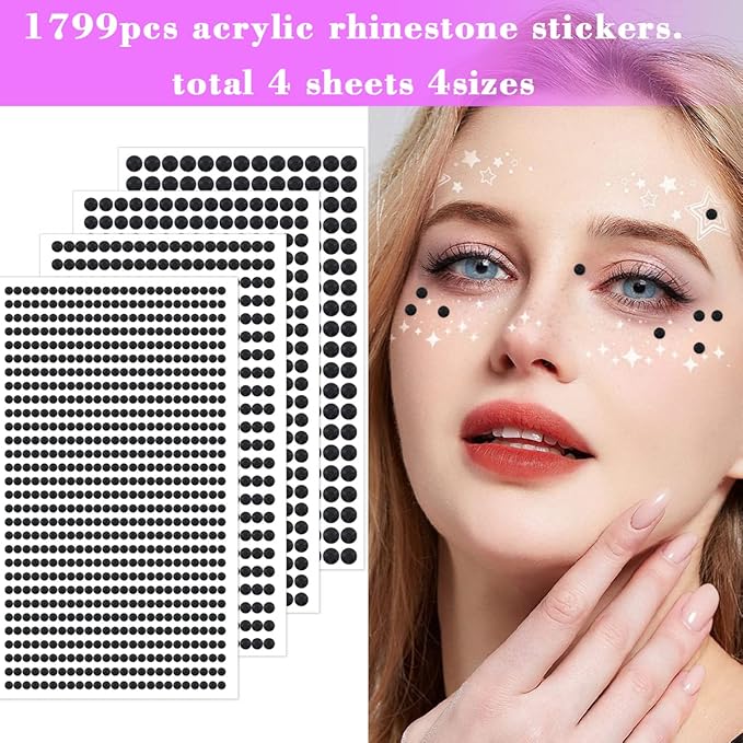 1799pcs Self Adhesive Face Gems Stickers, Hair Gems Rhinestones Stickers, Bling Jewels for Makeup, Crafts, Home Decor Scrapbooking Embellishments, 4 Sizes 3mm/4mm/5mm/6mm(Black Rhinestones)