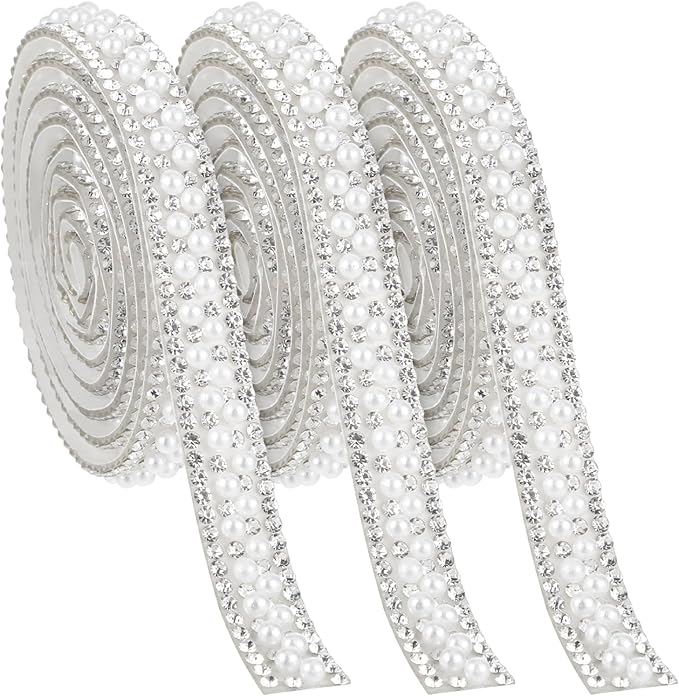 3 Rolls Pearl Rhinestone Ribbon Self Adhesive Pearl Crystal Strips Sticker Bling Pearls Strips Trims Diamond Pearls Tape for DIY Phone Clothing Crafts (3 Yard)