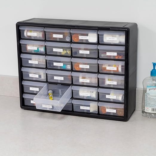 Akro-Mils 24-Drawer Plastic Drawer Storage Cabinet for Garage Organization, Bead Organizer, Building Bricks Storage, Teacher Toolbox, Makeup Organizer, 20-Inch W x 6-Inch D x 16-Inch H, 10124 Black