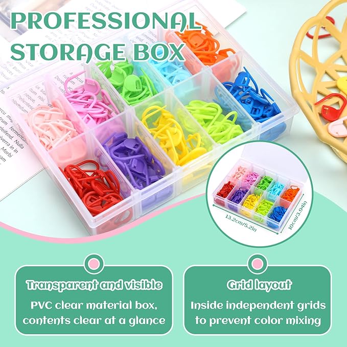 LUNARM 200 Pcs Stitch Markers for Crocheting, 10 Color Crochet Stitch Markers Knitting Locking Clip Pins with 6 Yarn Needles for DIY Craft Sewing