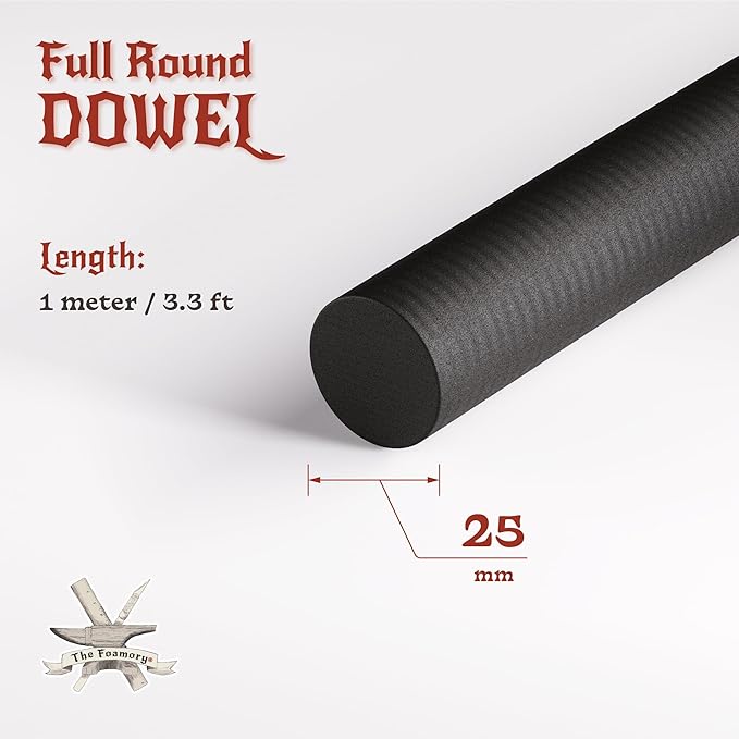 The Foamory's No Waste Full Round EVA Foam Dowel. 5-40mm x 1M High-Density Black Craft Foam Stick. Pre-Cut for Quick Cosplay Armor Trim, Weapon Enhancement and Costumes. Time Saving, Paint-Ready Bevel