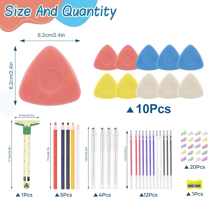 StiVerse 49 pcs Tailors Chalk Kit, 10 pcs Sewing Chalk, Fabric Chalk Markers for Sewing, Heat Erasable Pens, Sewing Clips, Sliding Gauge for Quilting, Sewing Supplies for Quilting, Dressmaking