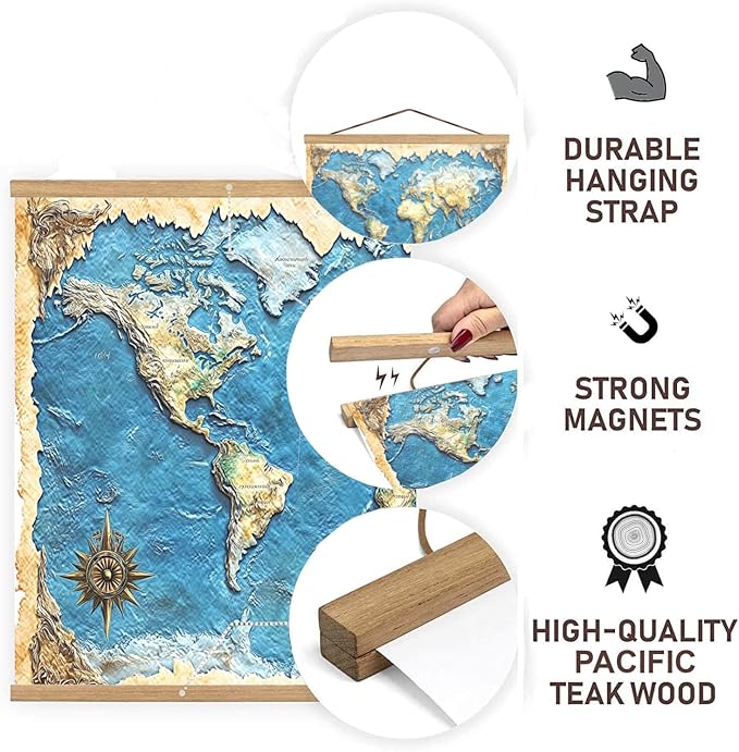 DACRI HOME 46" Magnetic Poster Hanger Frame - Sturdy Teak Wood Poster Frame, Strong Magnets for Easy Hanging Map Picture Canvas Print Scroll Wall Art (46 Inch, Natural Wood)
