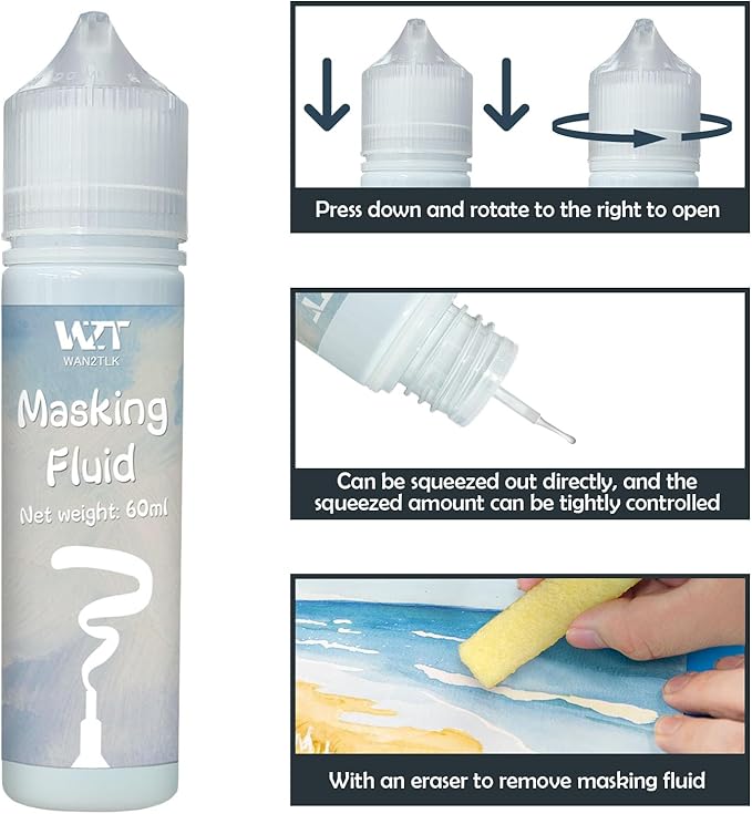 Blue Masking Fluid for Watercolor Painting 60ml, Resistant Ink and Pouring Paint, Watercolor Masking Fluid Keeps Areas Colorless and Edges Sharp