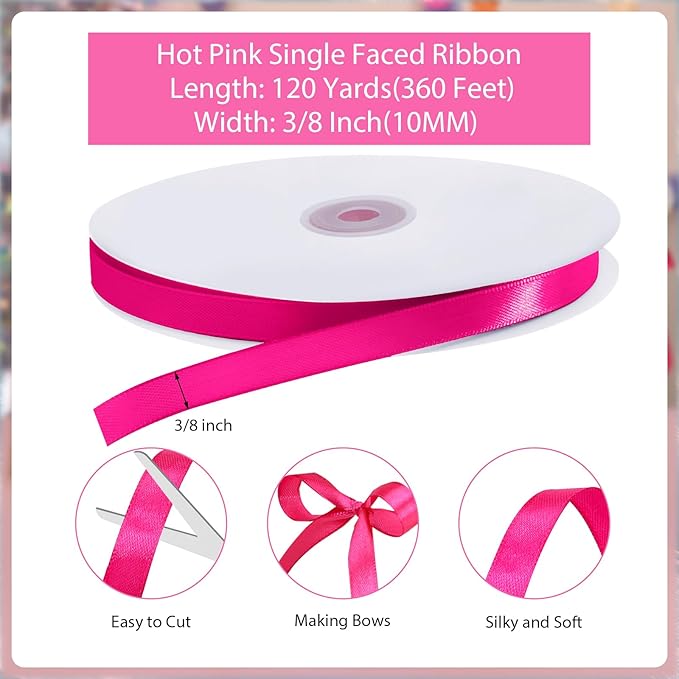 120 Yards Hot Pink Ribbon 3/8 Inch Thin Pink Satin Ribbon for Christmas Gift Wrapping Wedding Bride Bracelet Hair Bows DIY Crafts Bags Balloon String