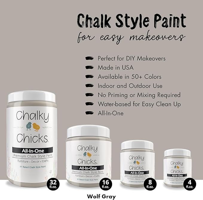 Chalky Chicks All-in-One Chalk Paint for Furniture or Cabinet - 8 Fl Oz - Matte Finish Wolf Gray (Gray/Beige) for Metal, Wood Furniture Paint - No Sanding All-in-One for Home Decor & Crafts, USA Made