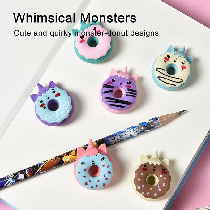 HILAZA Donut Erasers for Kids Bulk, 24 Pieces 3D Cute Fun Monster Erasers for Party Favors Classroom Prizes