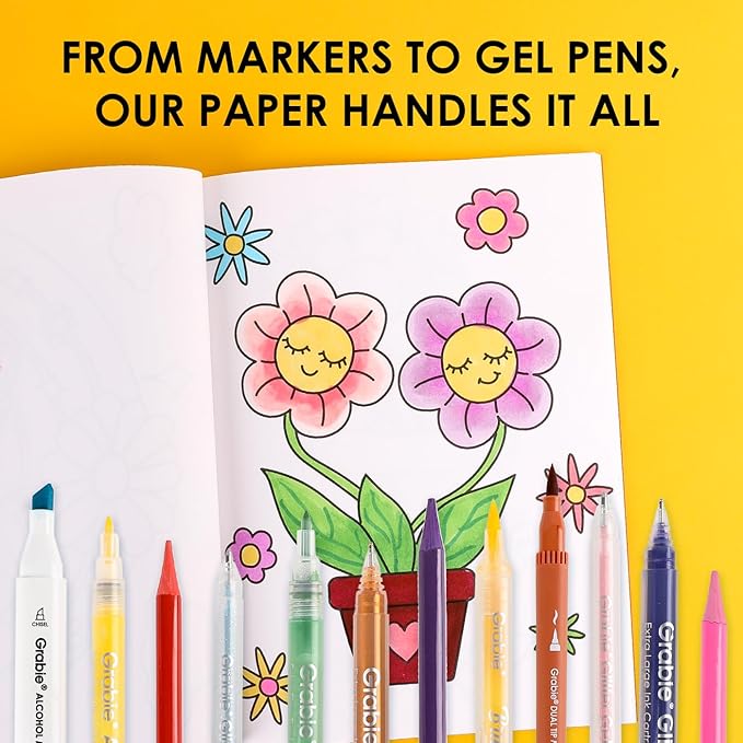 Grabie Easy Coloring Book for Adults Relaxation,Simple Mindful Coloring Pages for Alcohol Markers,Stress Relief Themes Flowers,Mushrooms,Monsters and More,Cute Designs(Feel Good with Color,30 Sheets)