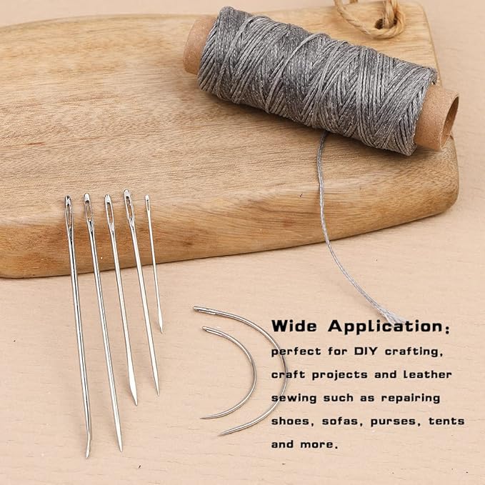 Ftyiwu Waxed Thread 55 Yards, Leather Sewing Waxed Thread with Hand Sewing Needles for Home Upholstery Carpet Leather Canvas Repair and Sewing(Dark Gray)