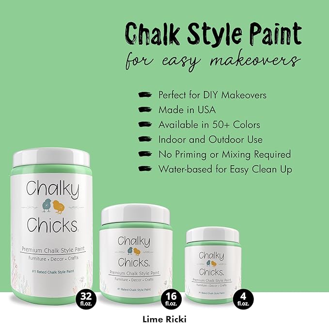 Chalky Chicks All-in-One Chalk Paint for Furniture or Cabinet - 32Fl Oz - Matte Finish Lime Ricki (Lime Green) for Metal, Wood Furniture Paint - No Sanding All-in-One for Home Decor & Crafts, USA Made