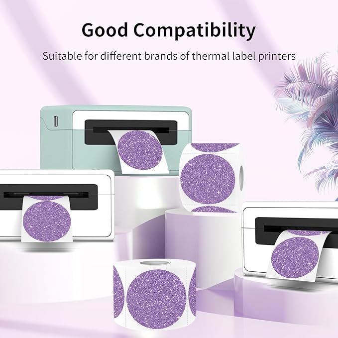 3" Circle Holographic Thermal Labels Stickers, Round Direct Thermal Label Stickers, Glitter Thermal Printer Sticker Labels for Gift Wrapping, Perforation Line Design- Glitter Purple