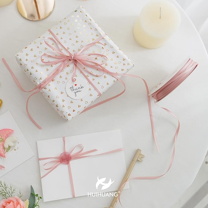 HUIHUANG Rose Gold Ribbon 1/8 inch Solid Color Thin Satin Ribbon 100 Yards Continuous for Crafts DIY Bows Decoration Sewing and Invitation Card Gift Tags Christmas Ornaments Wedding Decoration