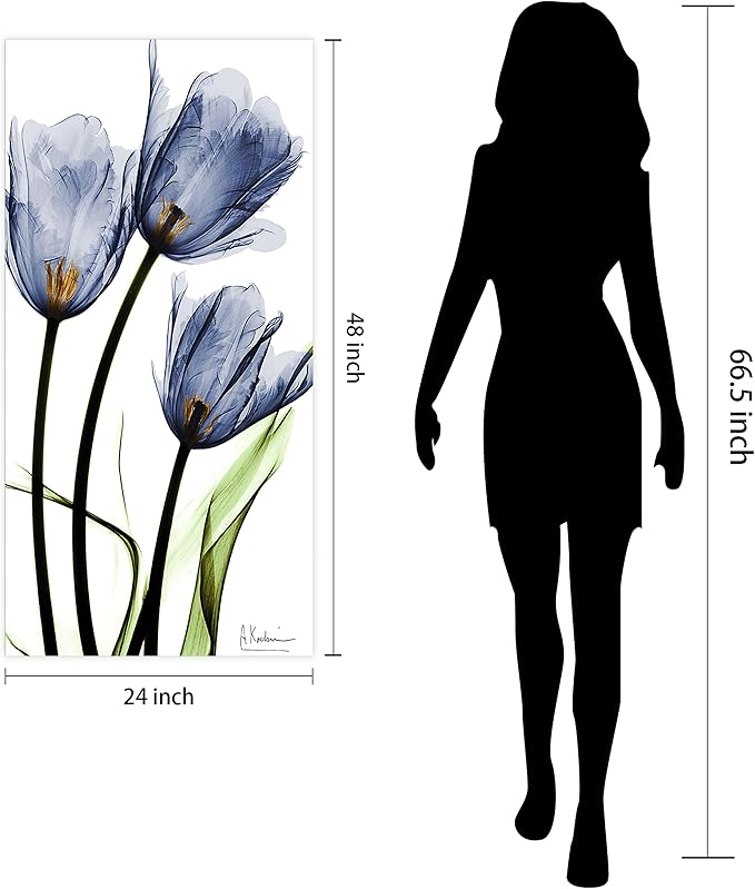 Empire Art Direct Frameless Free Floating Tempered Glass Panel Graphic Wall Art Ready to Hang, 24" x 48", Three Blue Tulips, Flower wall art