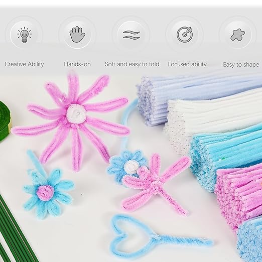 Jolbndcv Pipe Cleaners Flowers Craft Kit,521Pcs Pastel Pipe Cleaners DIY Chenille Stems Makiflower stemsng kit with Flower Stems and Tape