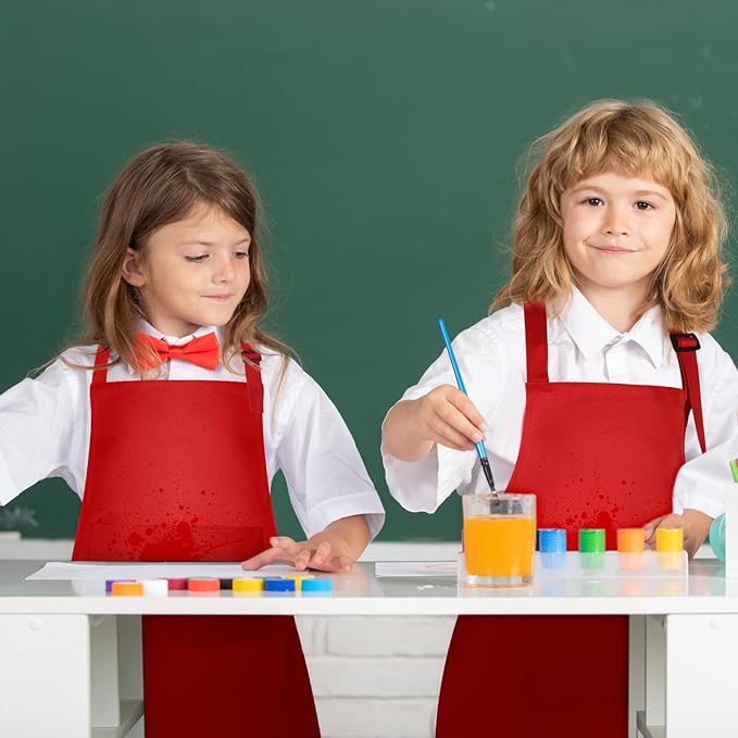 PLULON 8 Pcs Aprons for Kids Adjustable Kids Red Apron Bulk with Pocket Painting Aprons For Boys Girls Painting Cooking Baking (Red)