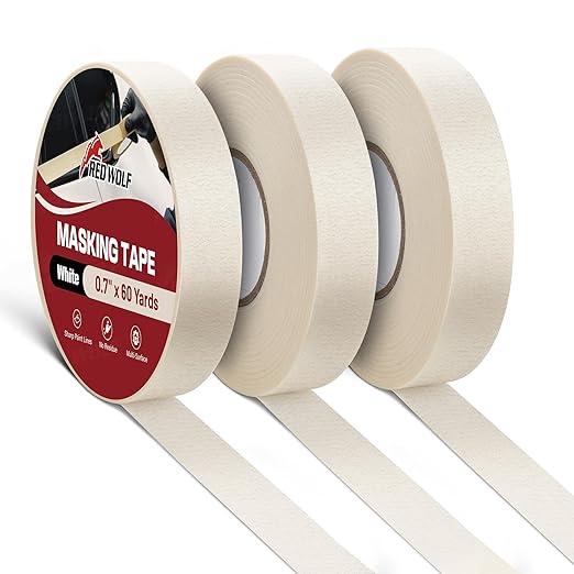 RED WOLF 3 Pack Masking Tape 0.7" x 60 Yards, General Purpose for Painting Arts Crafts Label Car Painting, Sharp Paint Line No Residue Painters Tape White Beige Crepe Paper Tape Heat Resistance