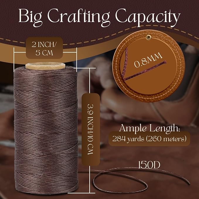 Flexzion Waxed Thread - 284 Yards (260 meters) 0.8mm 150D Polyester Wax Thread for Leather Sewing, Bookbinding, Stitching, Repairing, Beading, & DIY Projects (Beige)