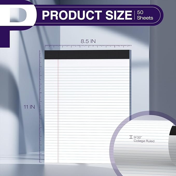 6 Pack Legal Pads 8.5 x 11 College Ruled 300 Sheets Note Pads 8.5 x 11 Notepads Perforated Writing Pads 8.5 x 11 Pads of Paper Lined White Paper, 50 Sheets per Notebook for Office & School Supplies