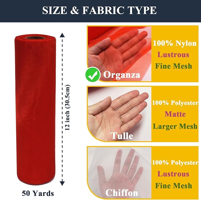Red Organza Tulle Fabric Rolls, Crystal Organza 12" by 50 Yards (150 ft) Sheer Nylon Silky Shiny Netting Spool Bolt for DIY Craft Table Runner Wedding Baby Shower Party Decor (Red)