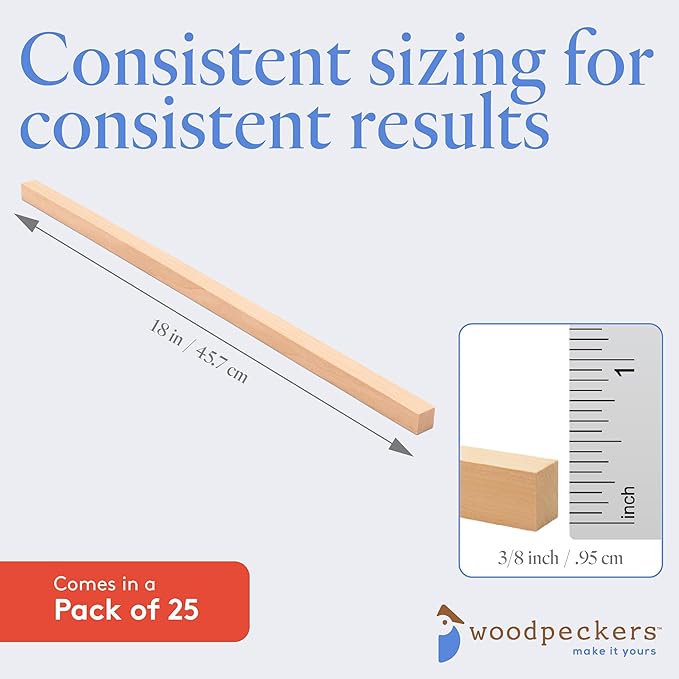 Wood Square Dowel Rods, 3/8-inch x 18-inch, Pack of 25 Wooden Craft Sticks for Crafts and Woodworking, by Woodpeckers