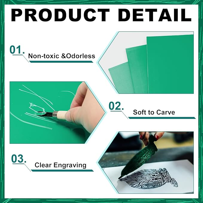 Yeaqee 8 Pcs Linoleum Block Rubber Carving Block Soft Linocut Blocks Large Linoleum Sheet Unmounted Lino Plates for Engraving Art Project Printmaking Artist Studio Supplies (8 x 10 Inch,Green)
