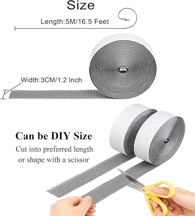 BRAVESHINE 16.5FT Hook and Loop Tape Roll with Adhesive - 1.2 Inch Fabric Fasteners Tape Double-Sided Backing Stick On Hook and Loop Strips for Sewing, Crafting, Mounting or Anti Slip Use - Grey