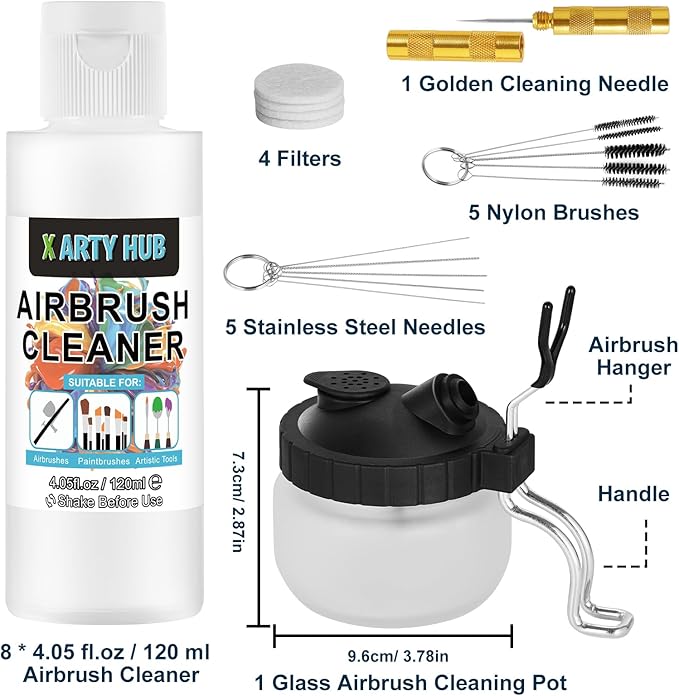X ARTY HUB Airbrush Cleaning Kit - 8 * 4.05 fl oz / 120 ml Airbrush Cleaner with Glass Cleaning Pot, Easily Handle Water-Based and Acrylic Paints, for Airbrushes & Other Artistic Tools