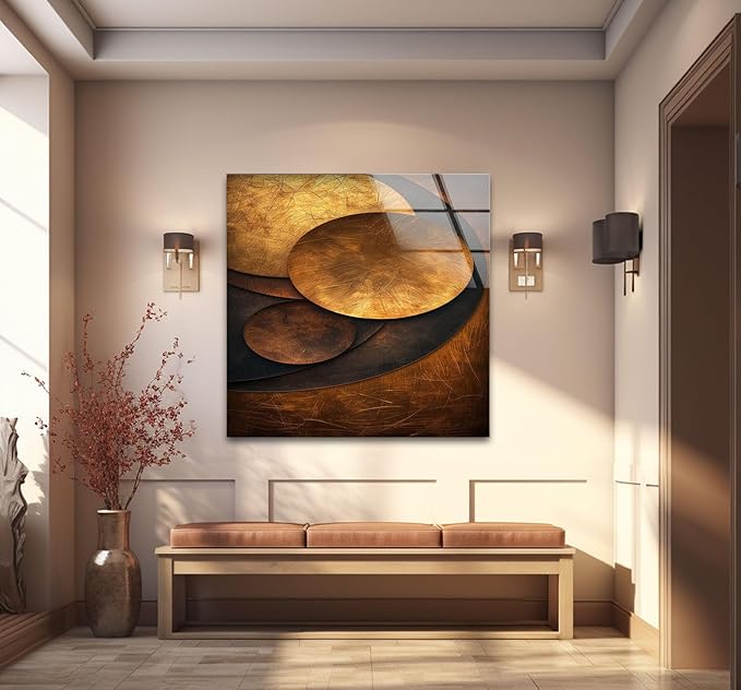 My Photostation.com 14Wx20H'' Bronze Art Deco Geometric Motifs Glass Wall Art Tempered Glass Printing Wall Decor Large Wall Art Wall Hangings