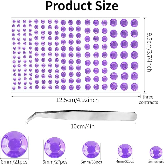 Self Adhesive Face Gems and Pearls for Makeup, Festival Jewels, Hair Gems Pearls, 3/4/5/6/8 mm Round Rhinestone Stickers for Face, Eye, Makeup, Body, Crafts 591Pcs (18_Light Purple)