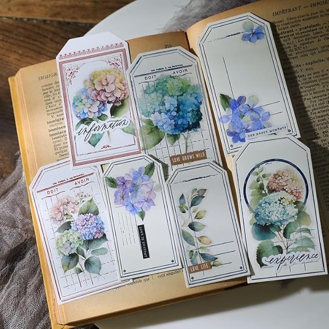 Vintage Vellum Stickers Floral Plants Elements Scrapbooking Supplies Flowers Botanic Natural Translucent Paper Self-Adhesive Junk-Journal Items (Hydrangea Macrophylla)