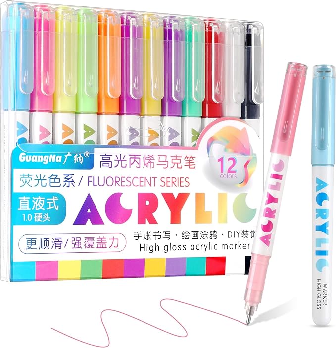 kander Direct Liquid Highlighter Acrylic Marker, 12 Colors Gel Pens with Bullet Tip, Strong Coverage, Large Ink Capacity, Multi-Purpose Paint Pens for Rock Painting, Crafts, DIY, Art Supplies