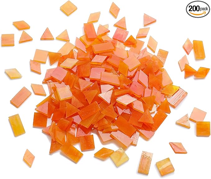 Lanyani 200 Pieces Glass Mosaic Tiles, 4-Shapes Mixed Stained Glass Pieces Tile for Crafts,Orange Ice